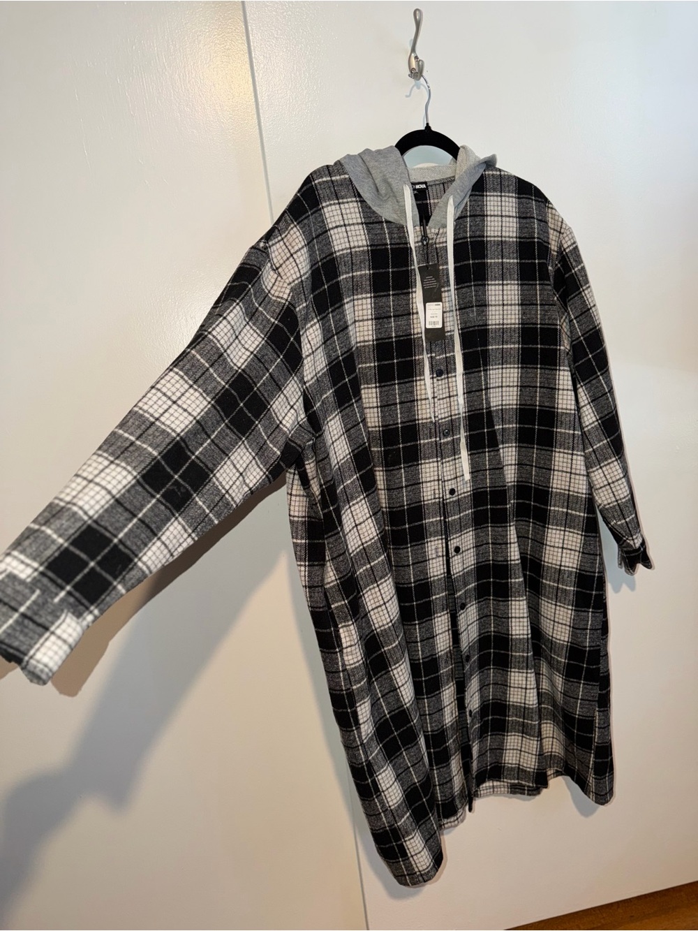New Longline Plaid Hooded Button Up Shacket Shirt Jacket Size 1X - Picture 3 of 6